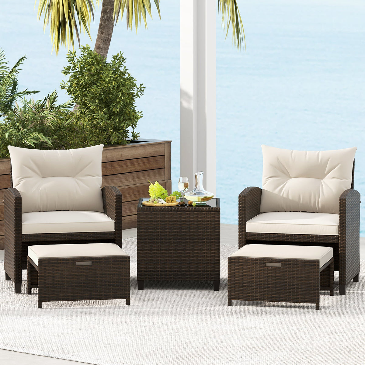 5 Pieces Patio Rattan Furniture, 2 Ottomans, Tempered Glass Coffee Table