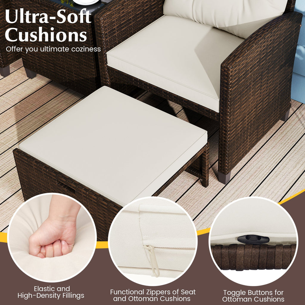 5 Pieces Patio Rattan Furniture, 2 Ottomans, Tempered Glass Coffee Table