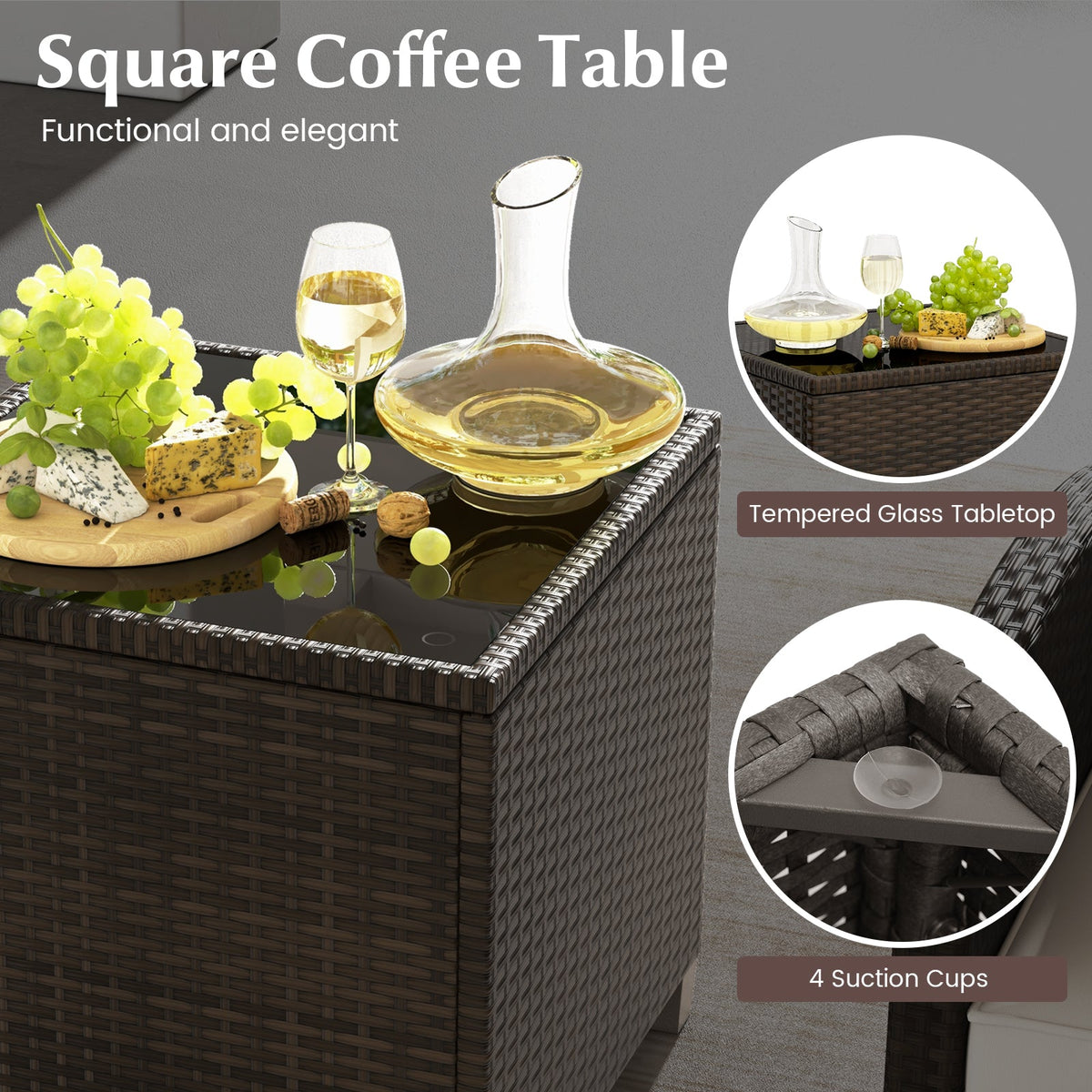 5 Pieces Patio Rattan Furniture, 2 Ottomans, Tempered Glass Coffee Table