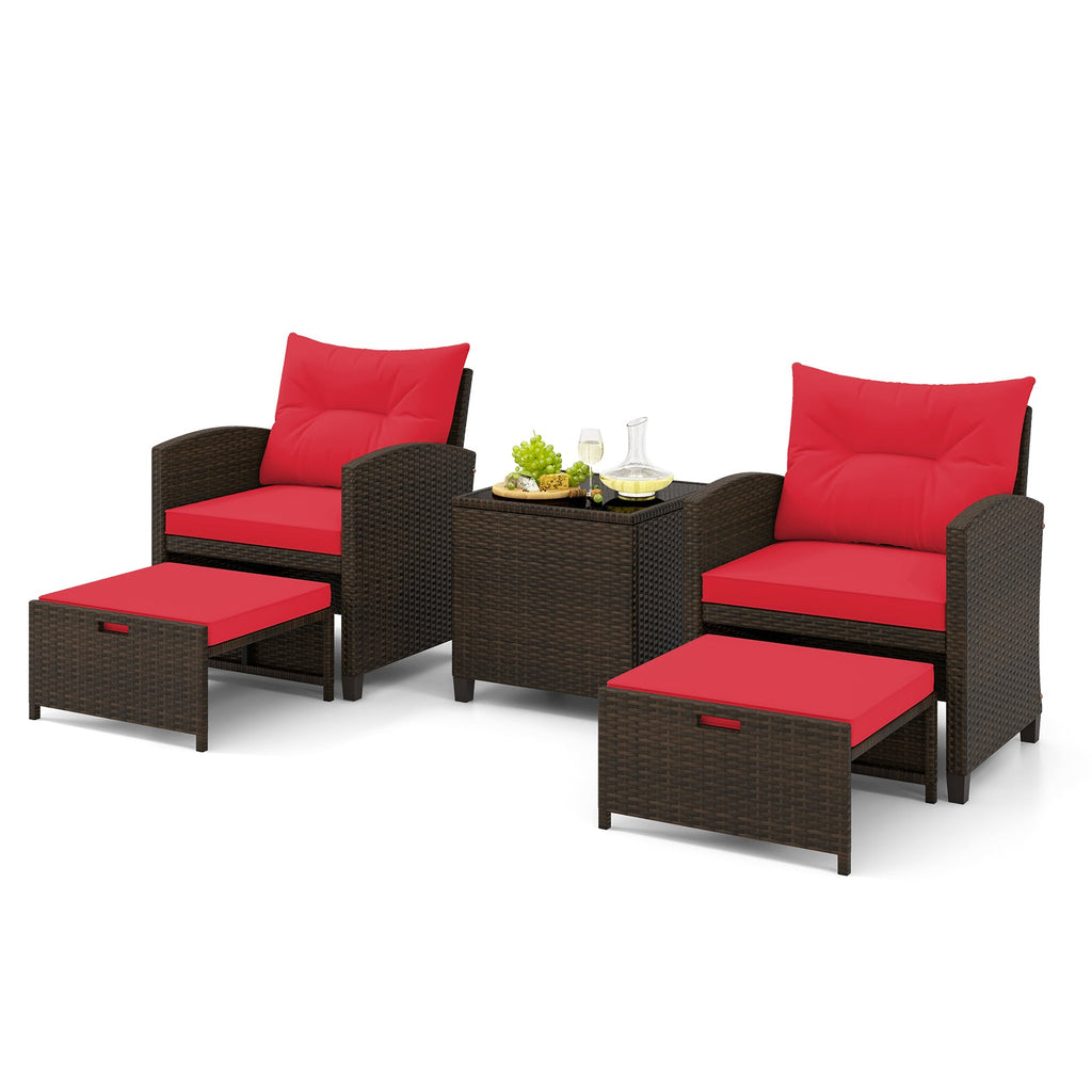 5 Pieces Patio Rattan Furniture, 2 Ottomans, Tempered Glass Coffee Table