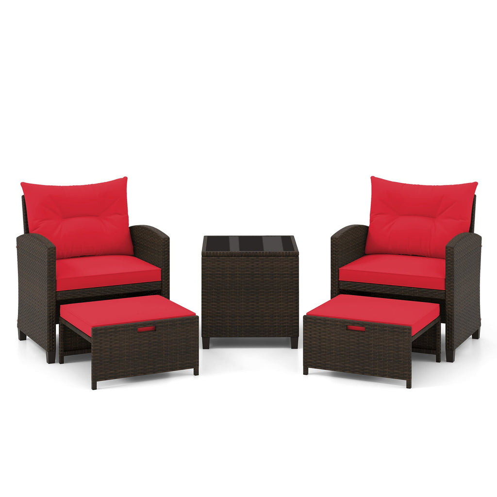 5 Pieces Patio Rattan Furniture, 2 Ottomans, Tempered Glass Coffee Table