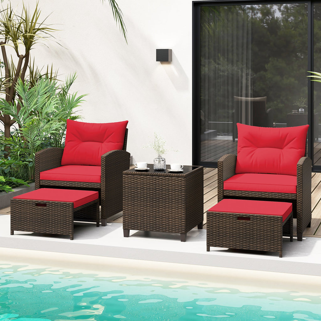 5 Pieces Patio Rattan Furniture, 2 Ottomans, Tempered Glass Coffee Table