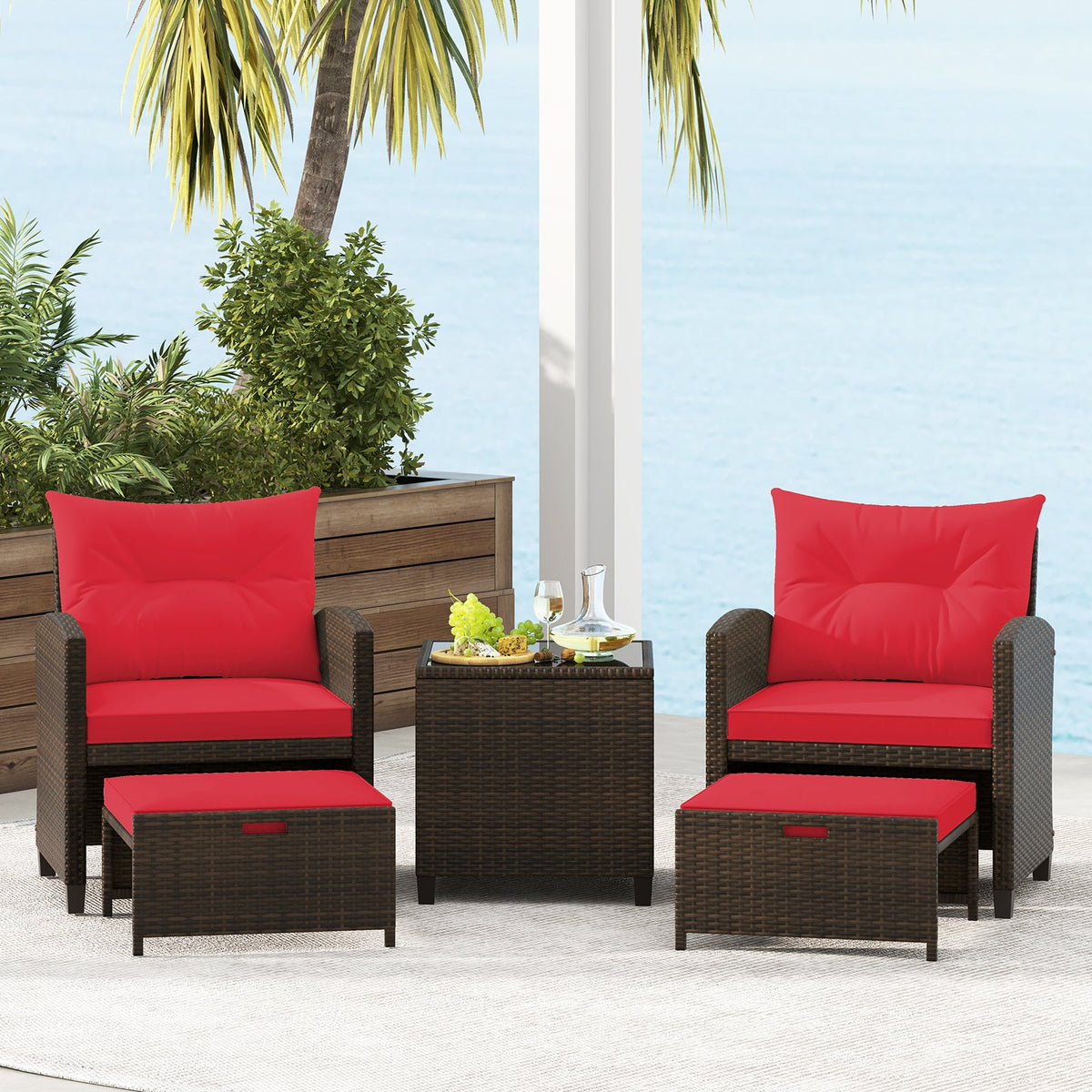 5 Pieces Patio Rattan Furniture, 2 Ottomans, Tempered Glass Coffee Table