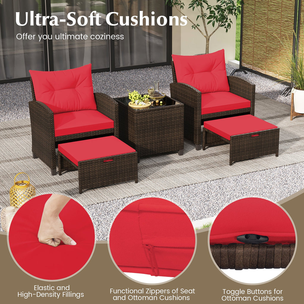 5 Pieces Patio Rattan Furniture, 2 Ottomans, Tempered Glass Coffee Table