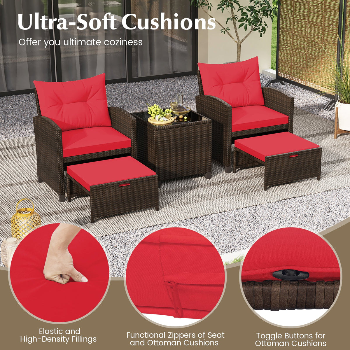 5 Pieces Patio Rattan Furniture, 2 Ottomans, Tempered Glass Coffee Table