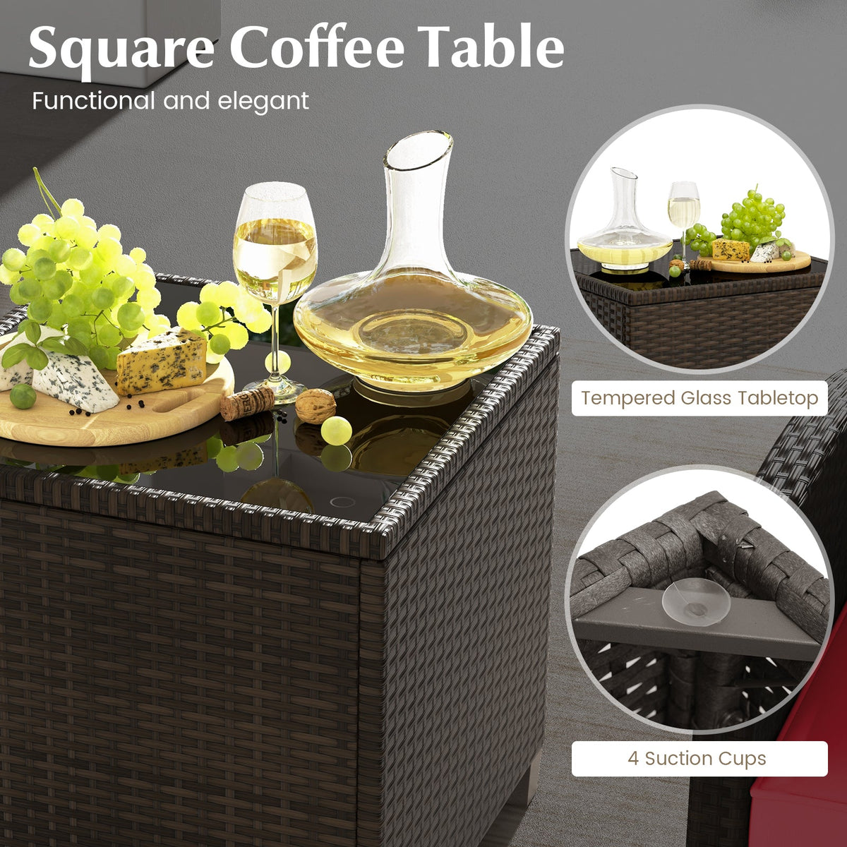 5 Pieces Patio Rattan Furniture, 2 Ottomans, Tempered Glass Coffee Table