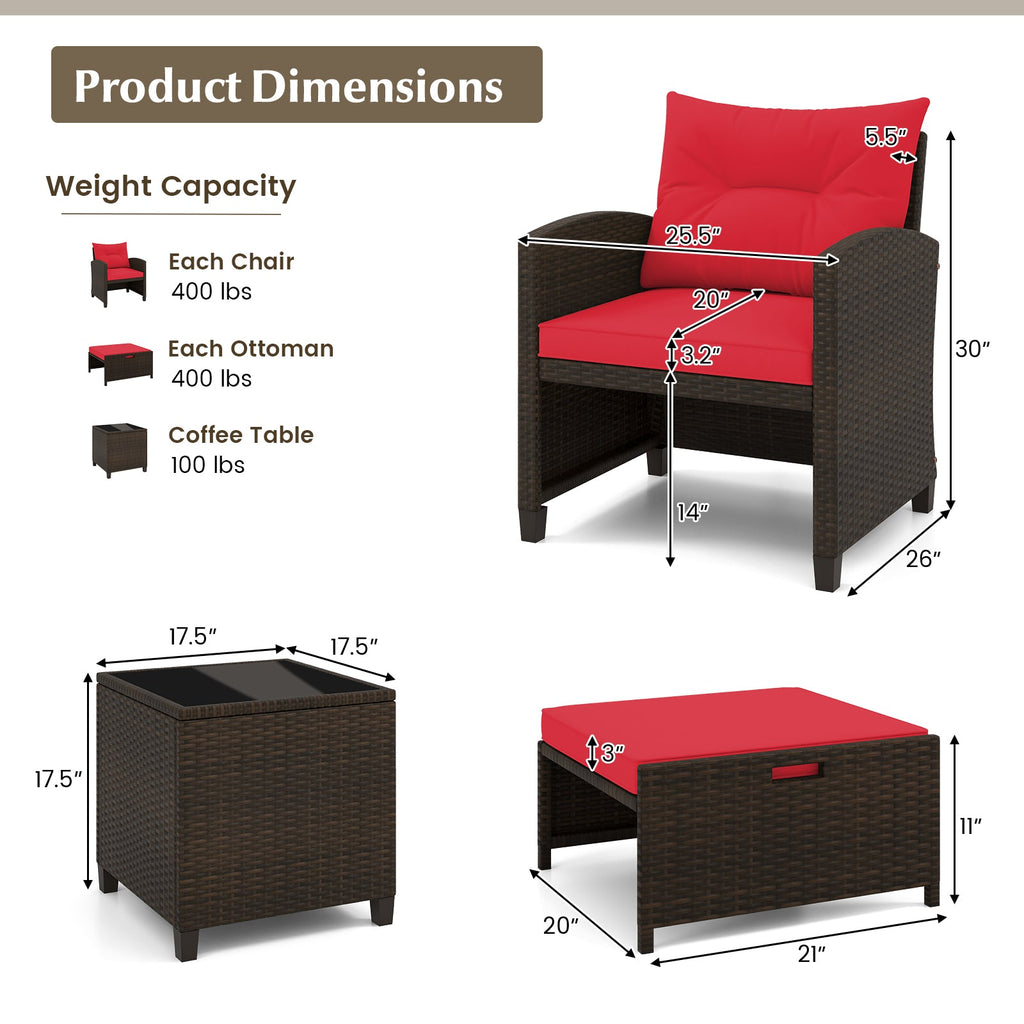 5 Pieces Patio Rattan Furniture, 2 Ottomans, Tempered Glass Coffee Table