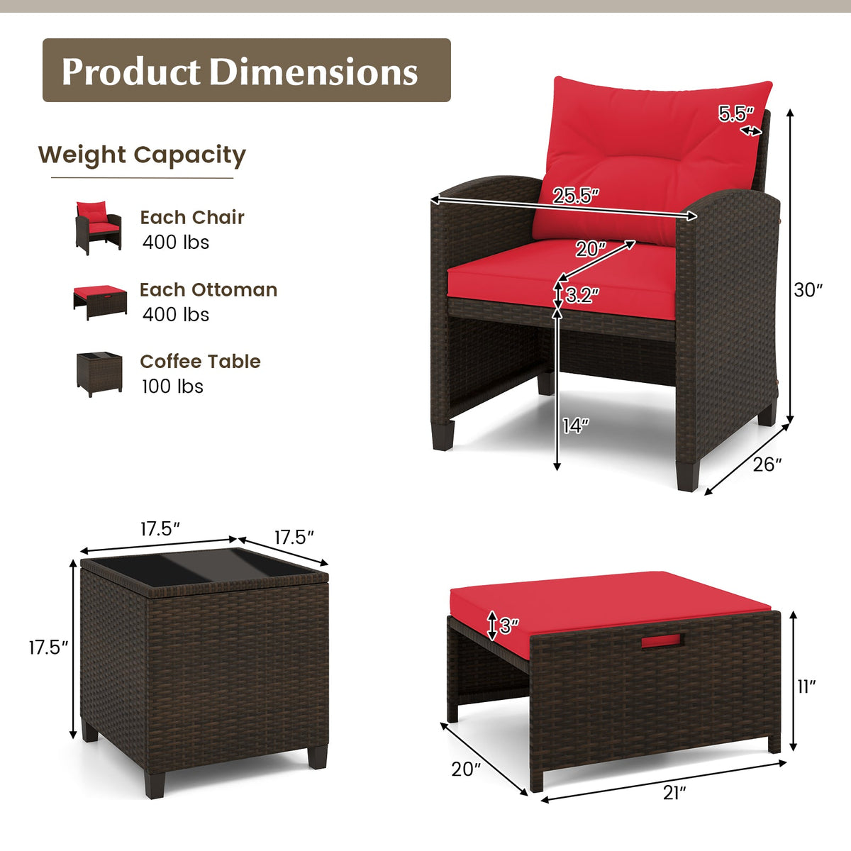 5 Pieces Patio Rattan Furniture, 2 Ottomans, Tempered Glass Coffee Table