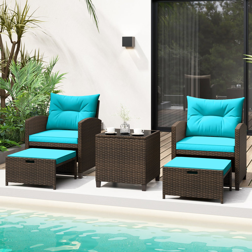 5 Pieces Patio Rattan Furniture, 2 Ottomans, Tempered Glass Coffee Table