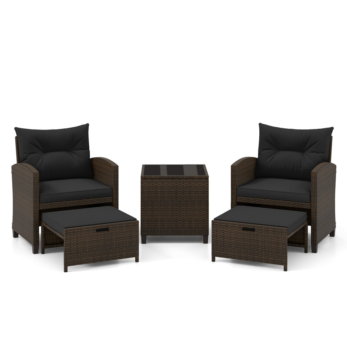 5 Pieces Patio Rattan Furniture, 2 Ottomans, Tempered Glass Coffee Table