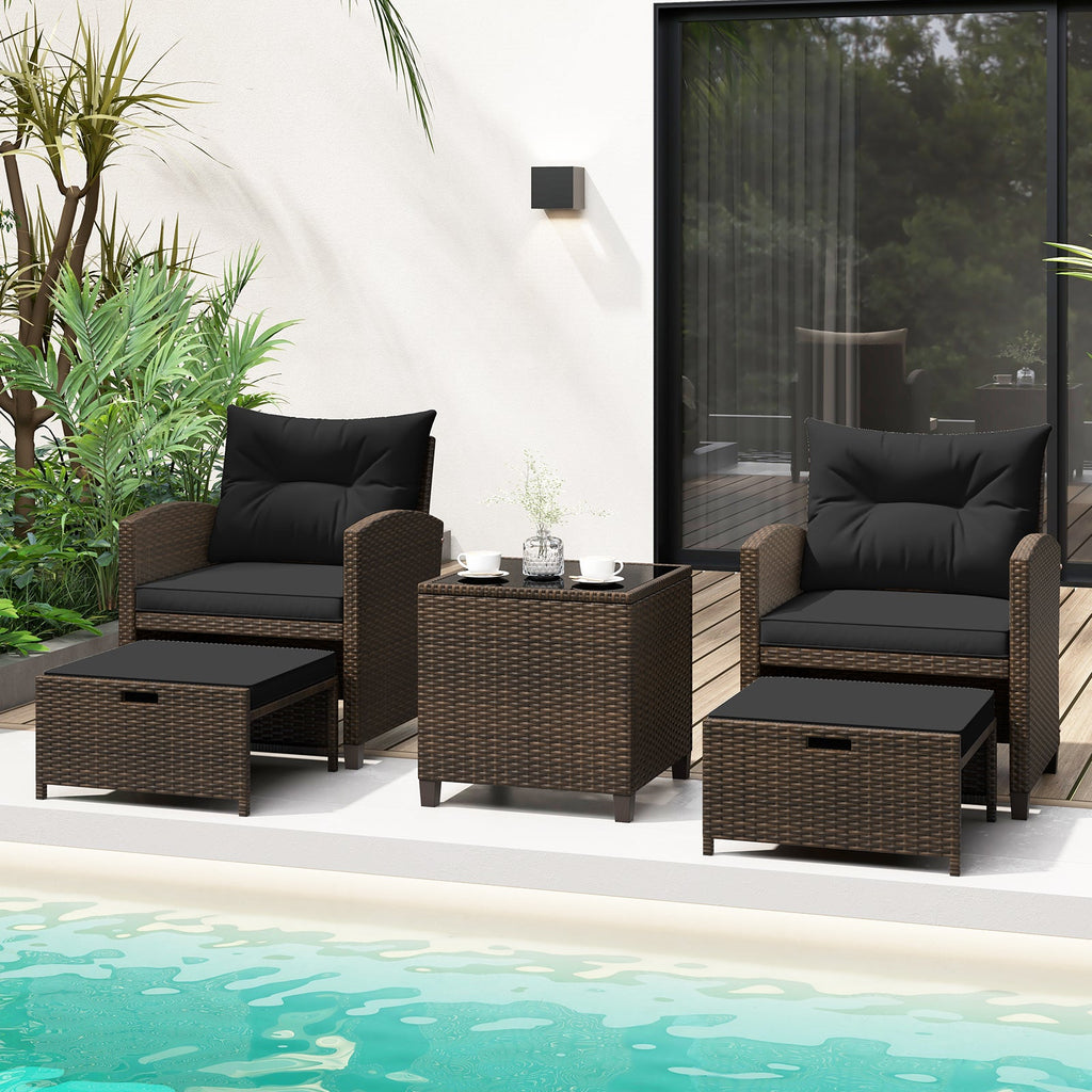 5 Pieces Patio Rattan Furniture, 2 Ottomans, Tempered Glass Coffee Table