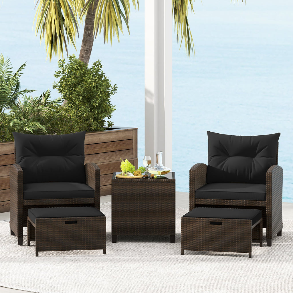 5 Pieces Patio Rattan Furniture, 2 Ottomans, Tempered Glass Coffee Table