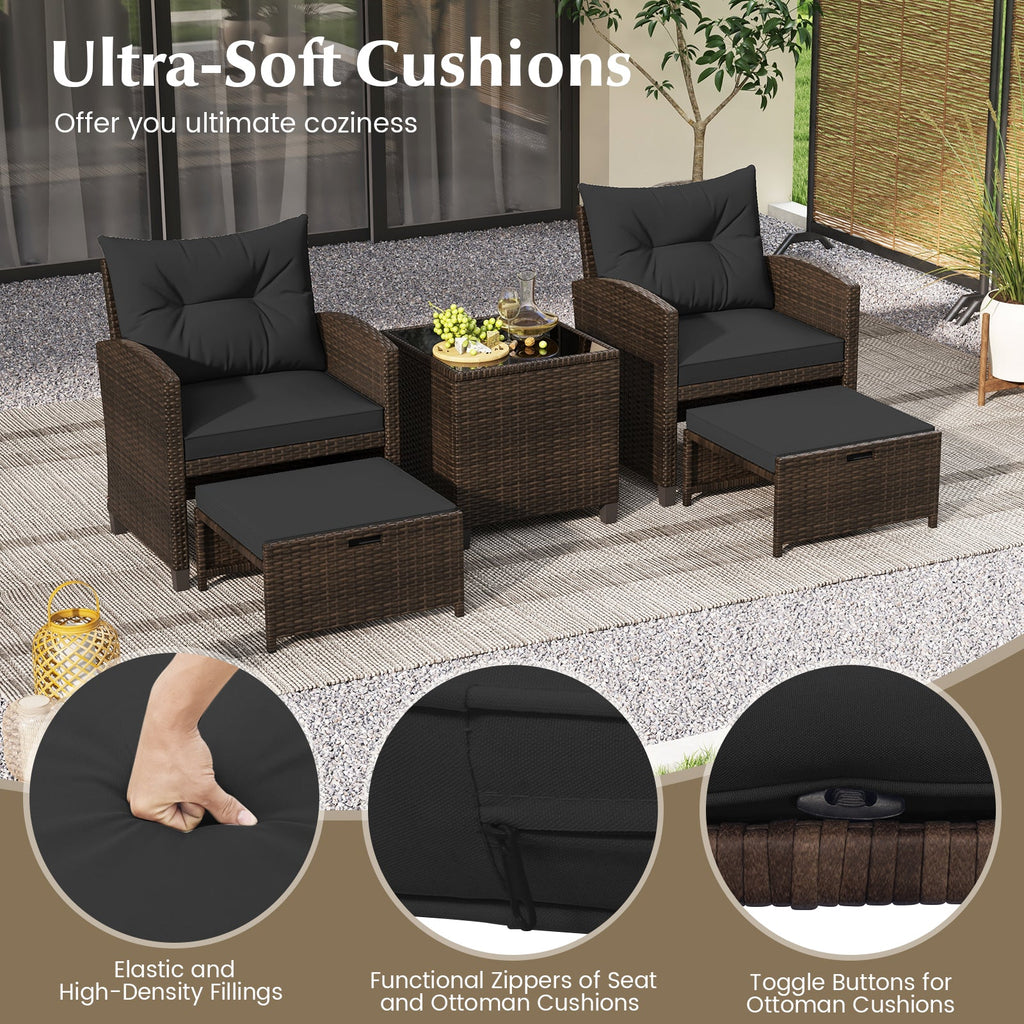 5 Pieces Patio Rattan Furniture, 2 Ottomans, Tempered Glass Coffee Table