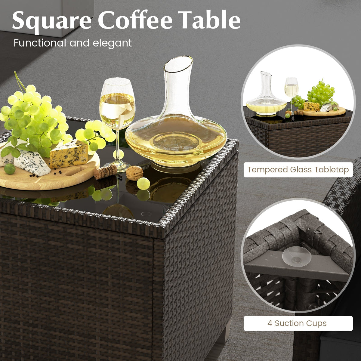5 Pieces Patio Rattan Furniture, 2 Ottomans, Tempered Glass Coffee Table