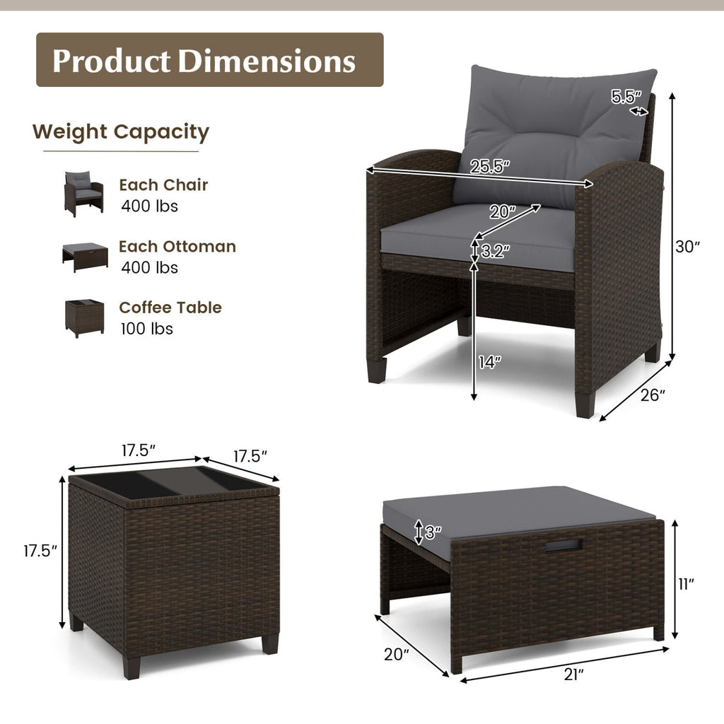 5 Pieces Patio Rattan Furniture, 2 Ottomans, Tempered Glass Coffee Table