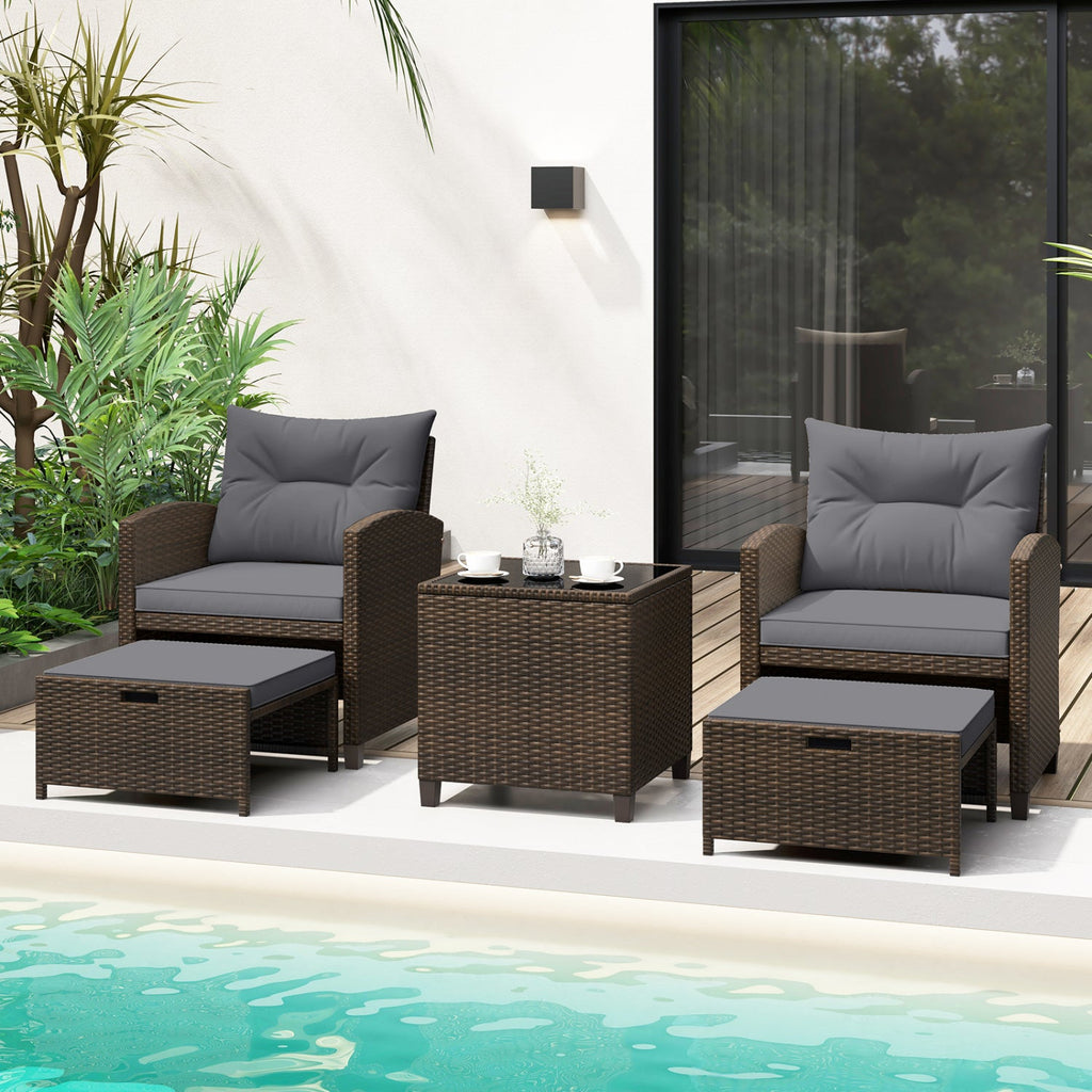 5 Pieces Patio Rattan Furniture, 2 Ottomans, Tempered Glass Coffee Table