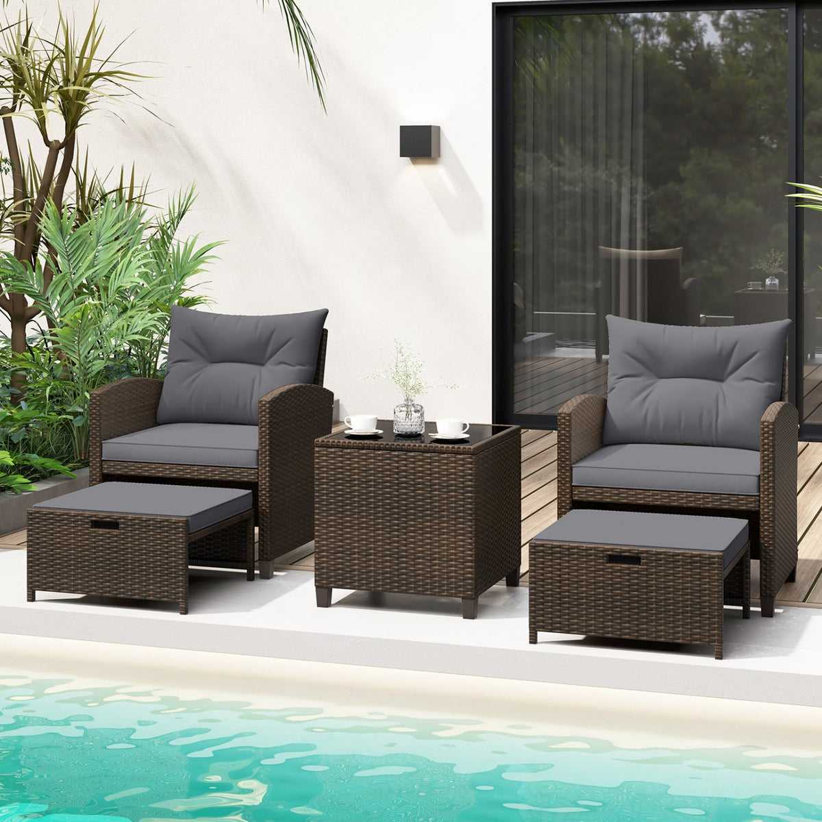 5 Pieces Patio Rattan Furniture, 2 Ottomans, Tempered Glass Coffee Table