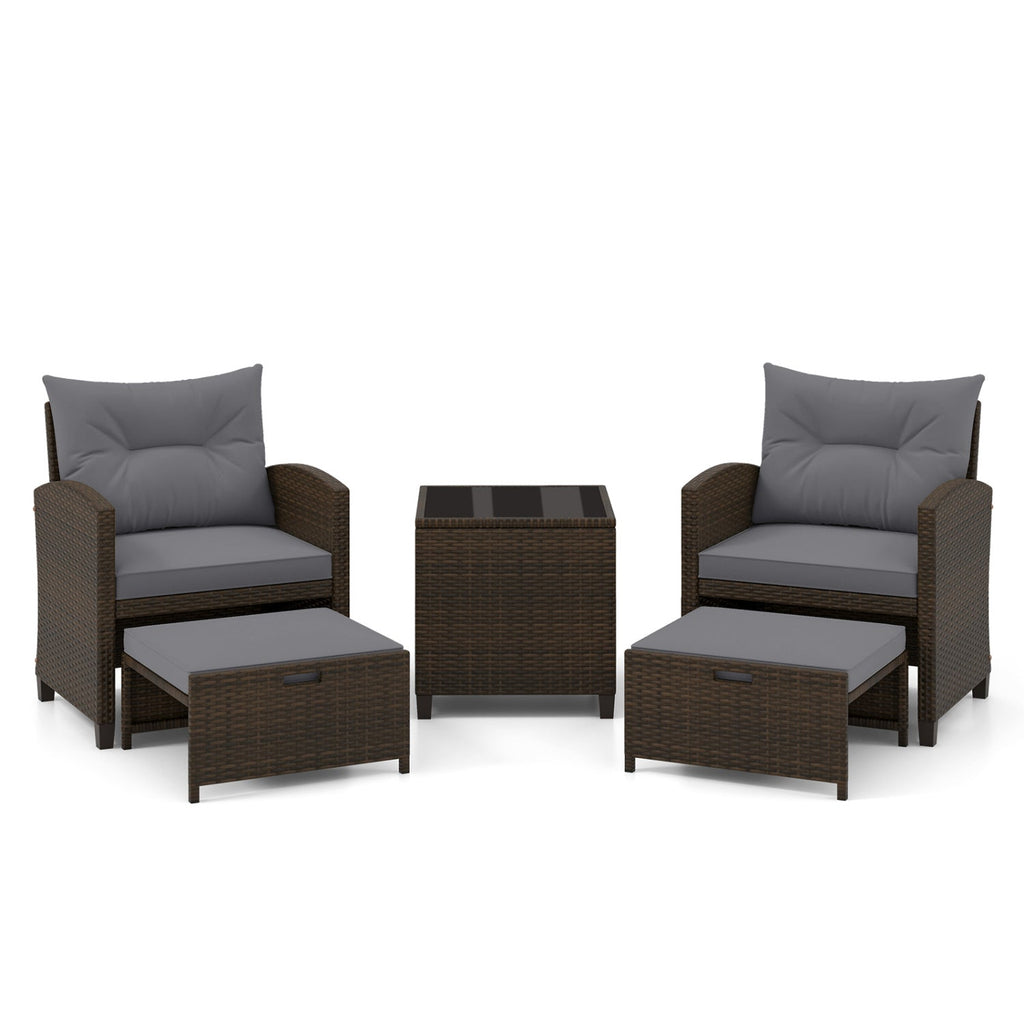 5 Pieces Patio Rattan Furniture, 2 Ottomans, Tempered Glass Coffee Table