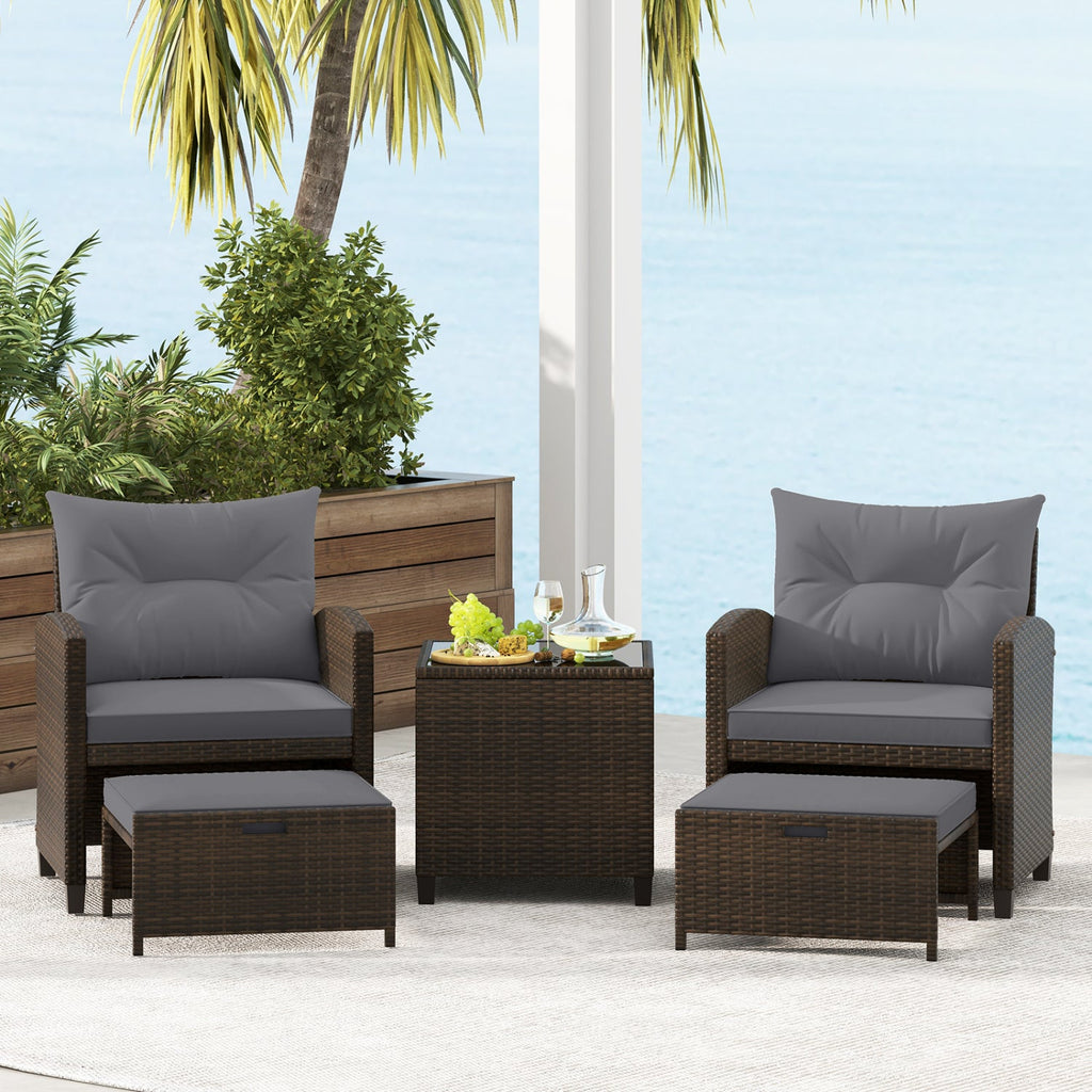 5 Pieces Patio Rattan Furniture, 2 Ottomans, Tempered Glass Coffee Table