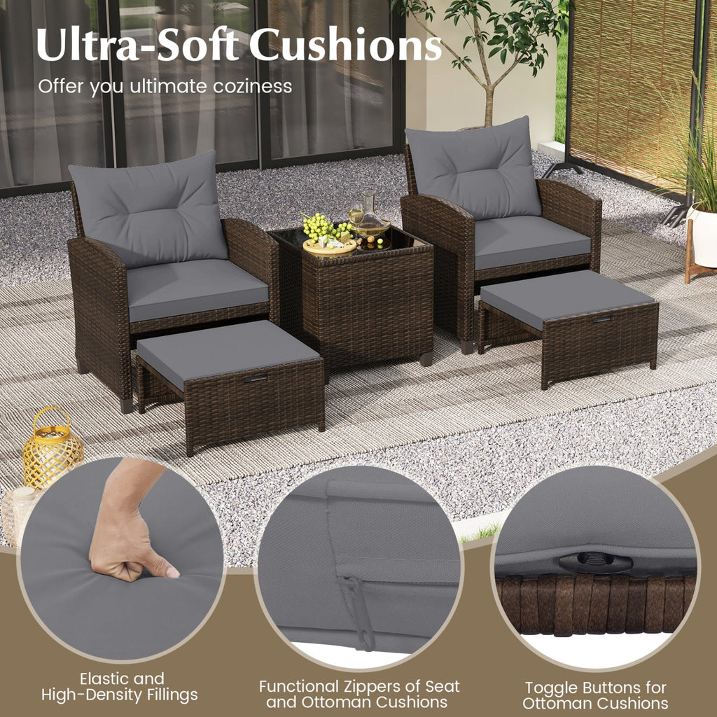 5 Pieces Patio Rattan Furniture, 2 Ottomans, Tempered Glass Coffee Table