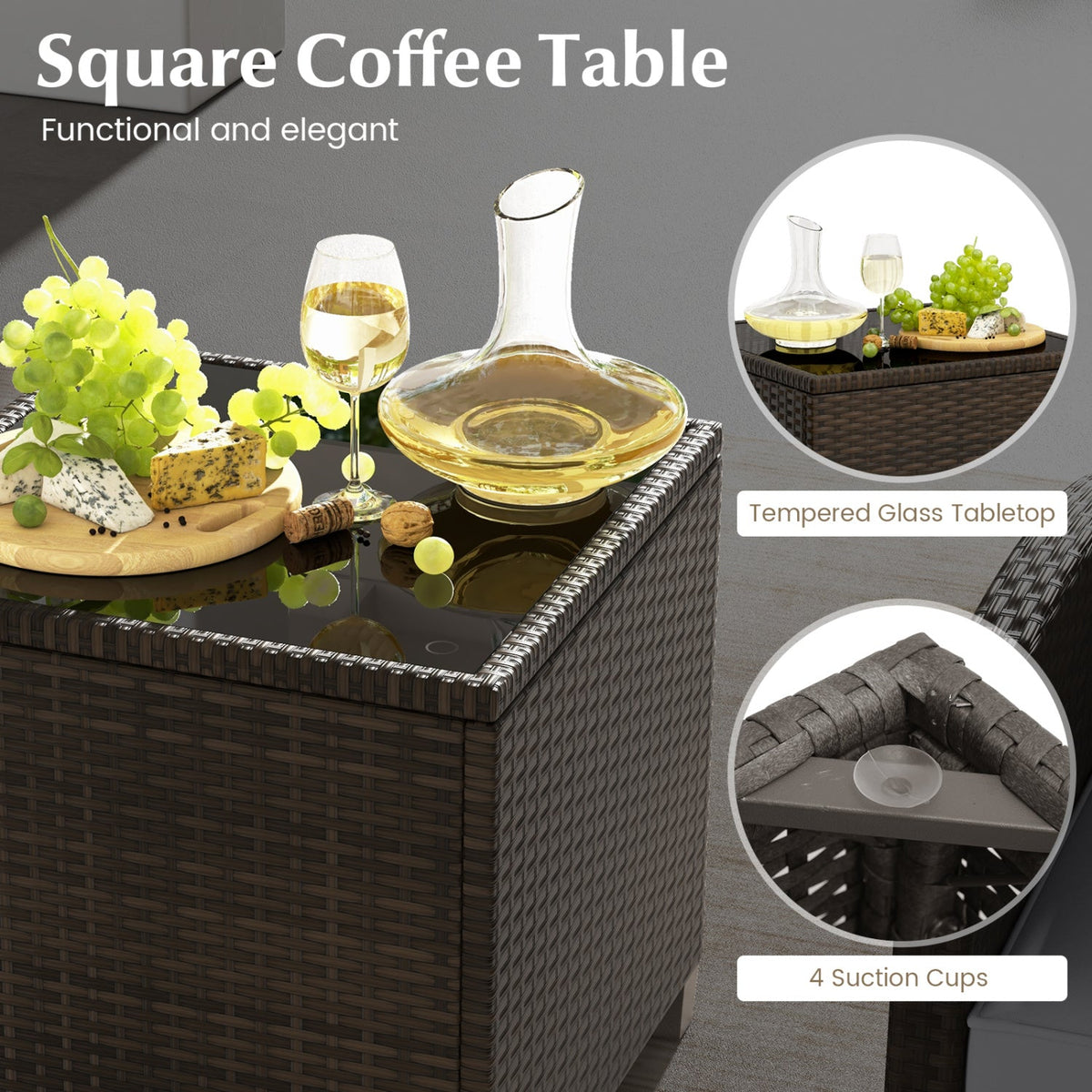 5 Pieces Patio Rattan Furniture, 2 Ottomans, Tempered Glass Coffee Table
