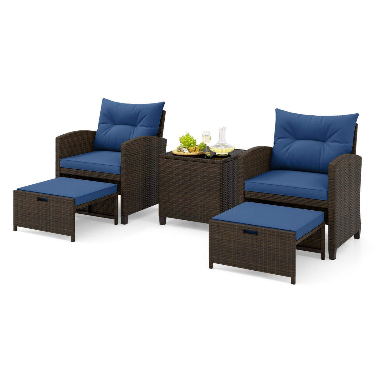 5 Pieces Patio Rattan Furniture, 2 Ottomans, Tempered Glass Coffee Table