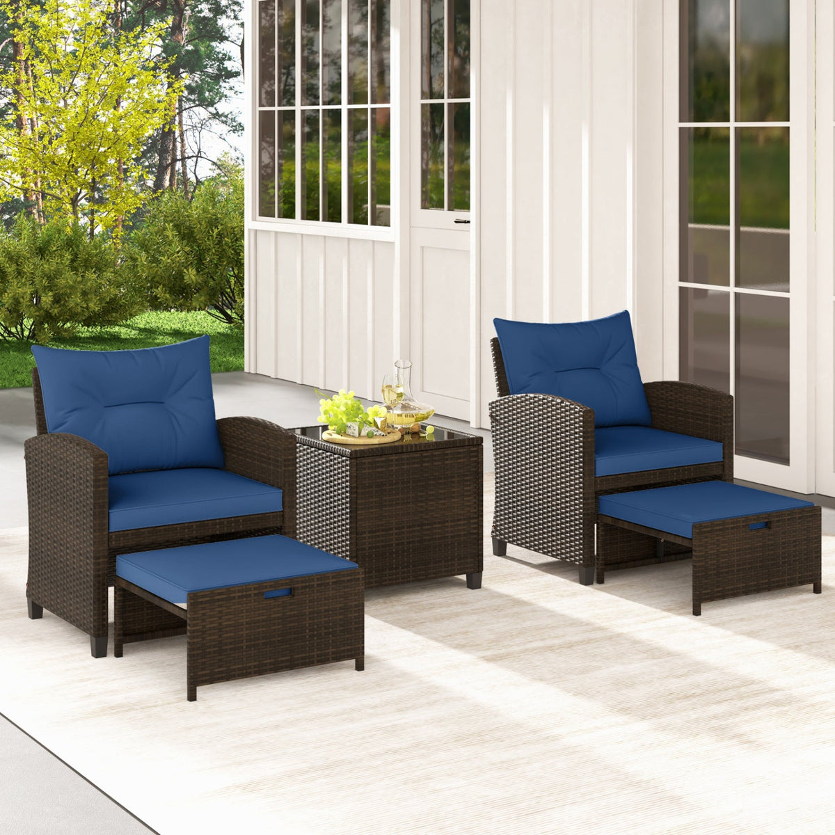 5 Pieces Patio Rattan Furniture, 2 Ottomans, Tempered Glass Coffee Table