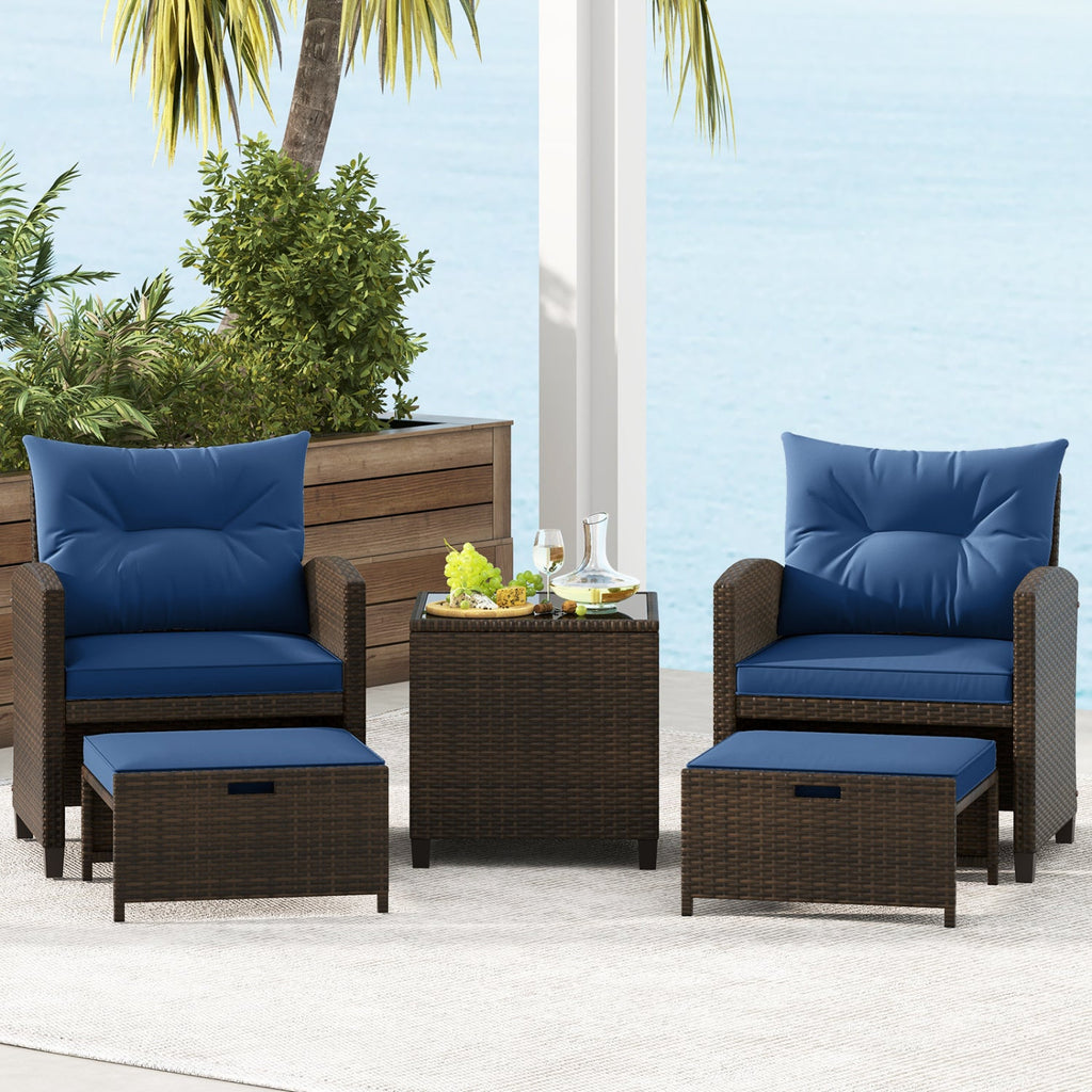 5 Pieces Patio Rattan Furniture, 2 Ottomans, Tempered Glass Coffee Table