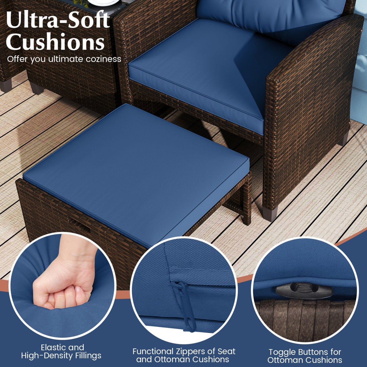 5 Pieces Patio Rattan Furniture, 2 Ottomans, Tempered Glass Coffee Table