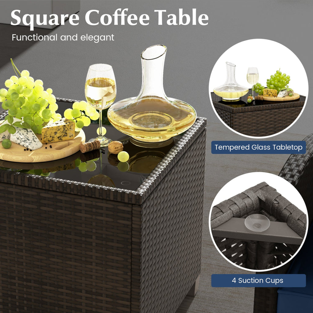 5 Pieces Patio Rattan Furniture, 2 Ottomans, Tempered Glass Coffee Table