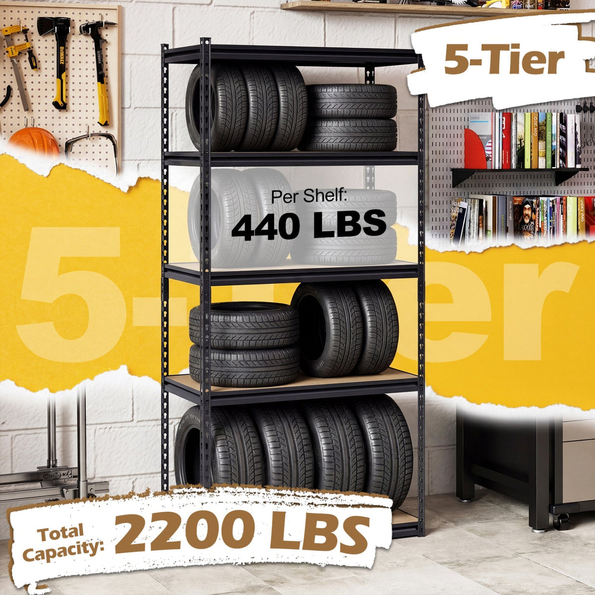 5-Tier Garage Shelving Unit 2200 LBS Metal Storage Shelves Adjustable