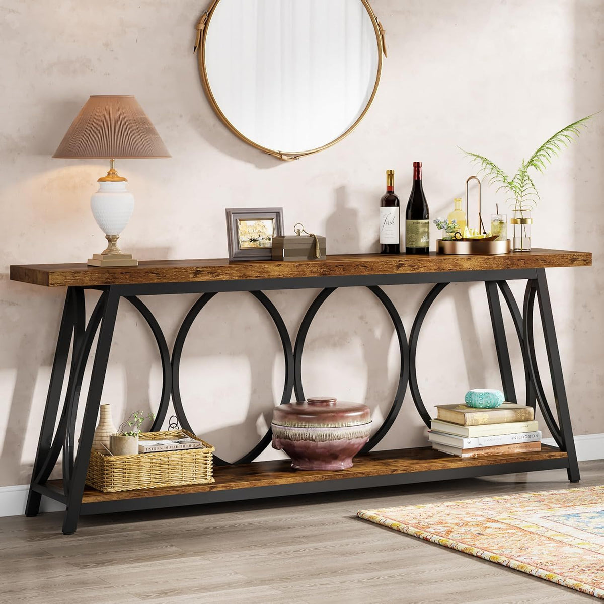 Extra Long Console Table With 2 Tier Storage Shelves