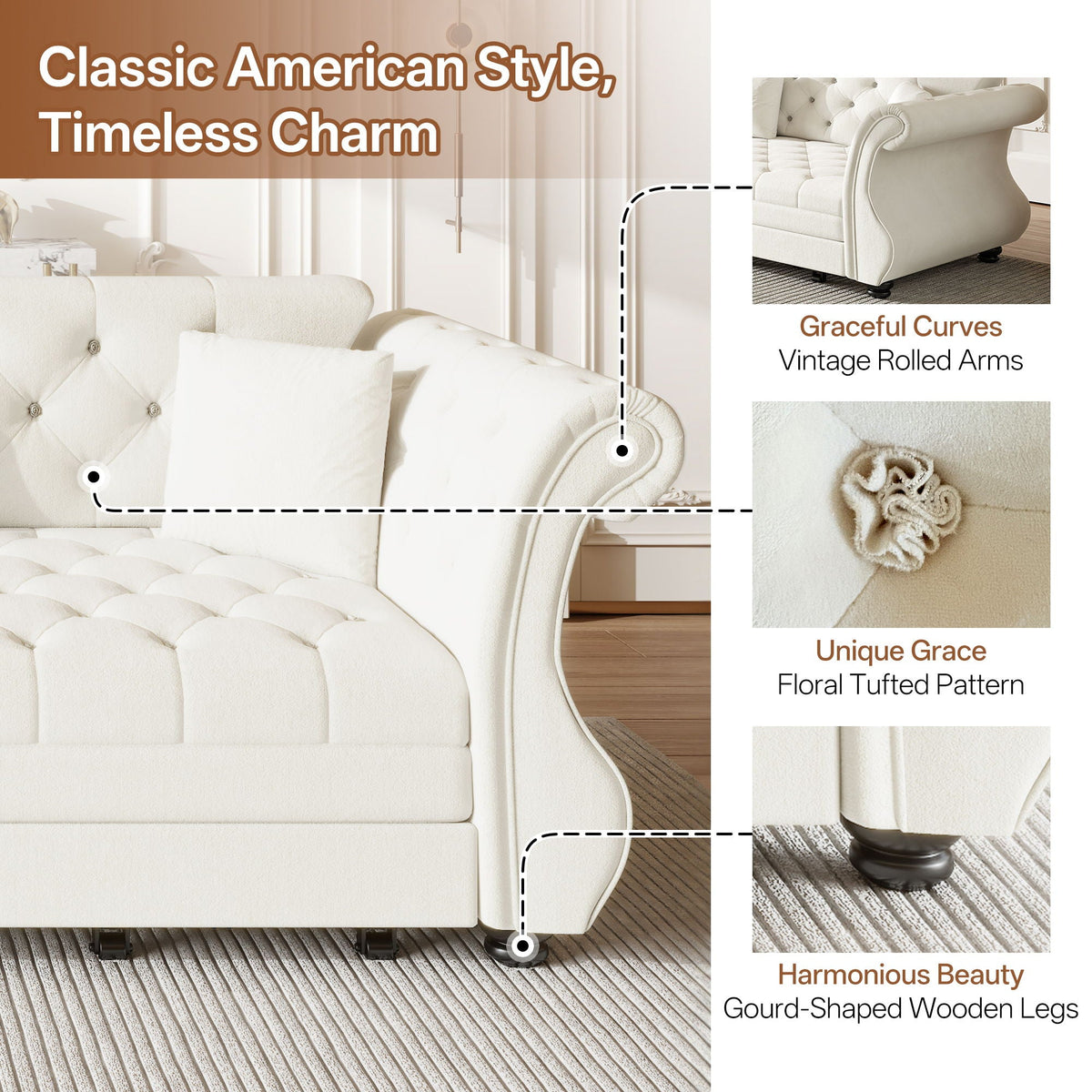 Oversized Chesterfield Pull Out Sofa Bed with Flower Tufting