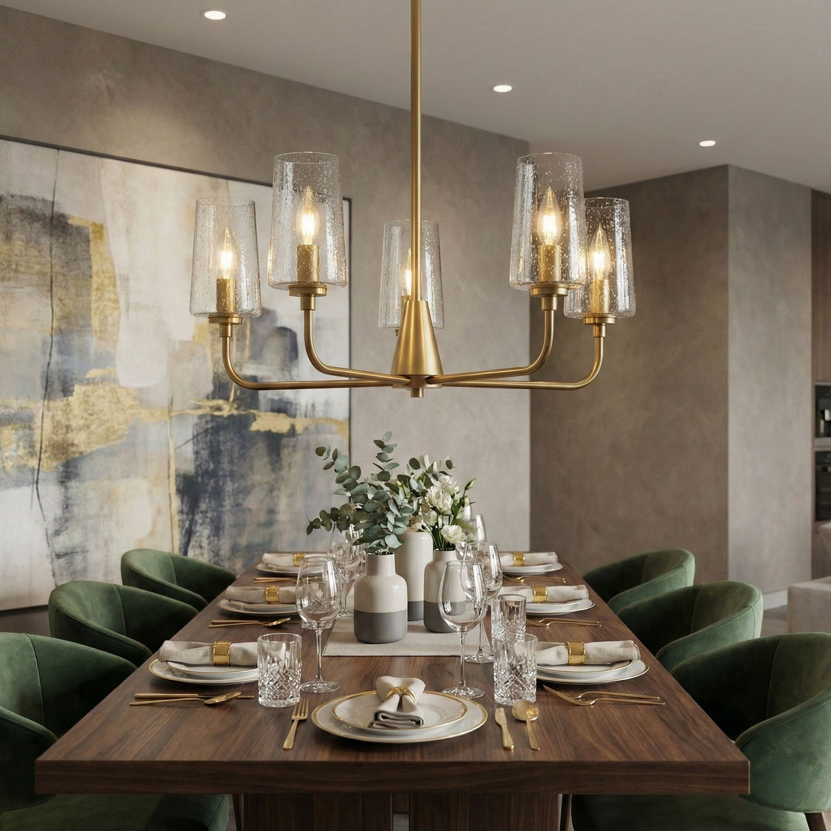 5 Lights Chandelier With Clear Seeded Satin - Antique Brass
