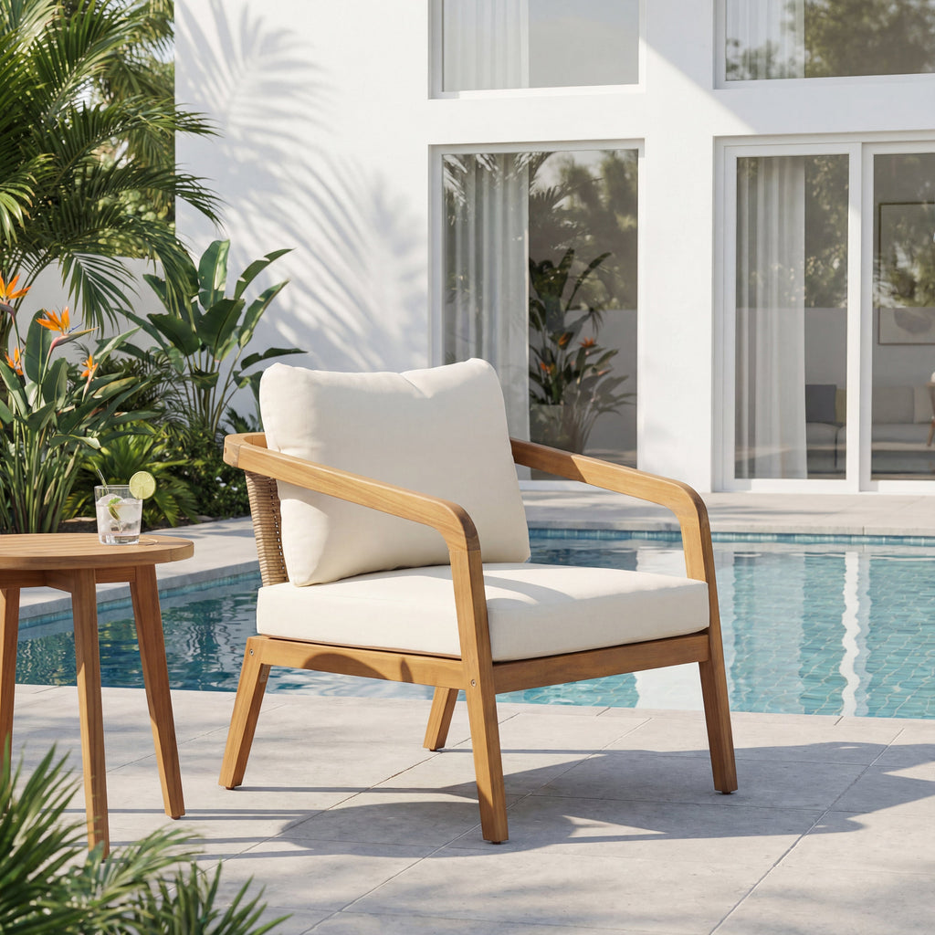 Acacia Wood Outdoor Patio Club Chair with Wicker Backrest & Cushion - Cream, Light Brown