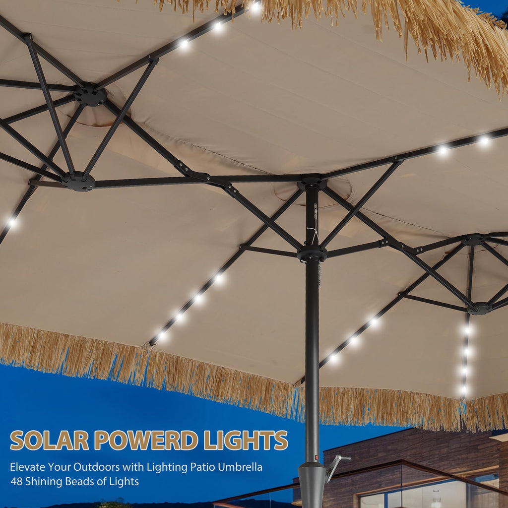 15ft Large Thatched Tiki Patio Umbrella with Lights, Weighted Sandbags