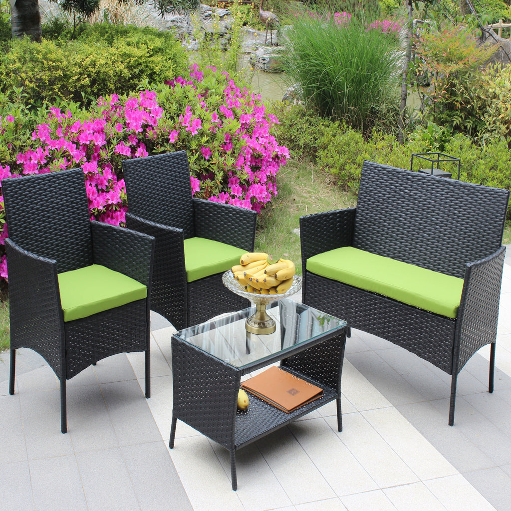 4 PC Rattan Patio Set Outdoor Cushioned Wicker Sofa Green Cushion