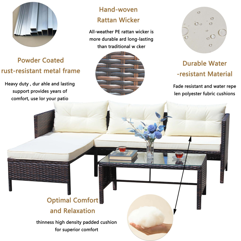 Patio 3-Piece Conversation Set with Wicker Rattan Sectional Sofa