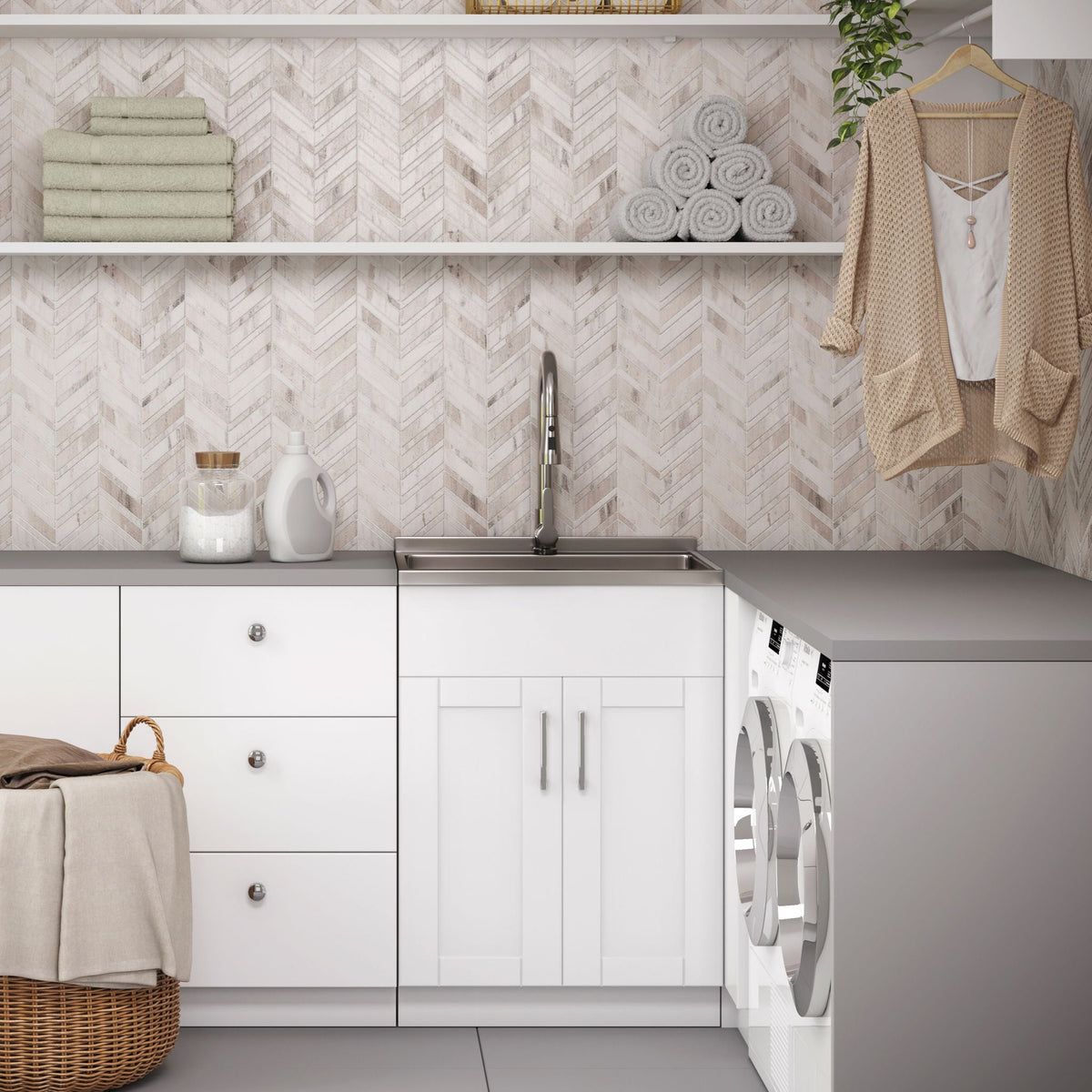 Wide, Laundry Cabinet With Faucet And Stainless Steel Sink