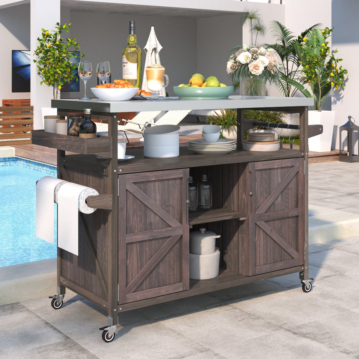 Outdoor Kitchen Island, Rolling Bar Cart & Storage Cabinet