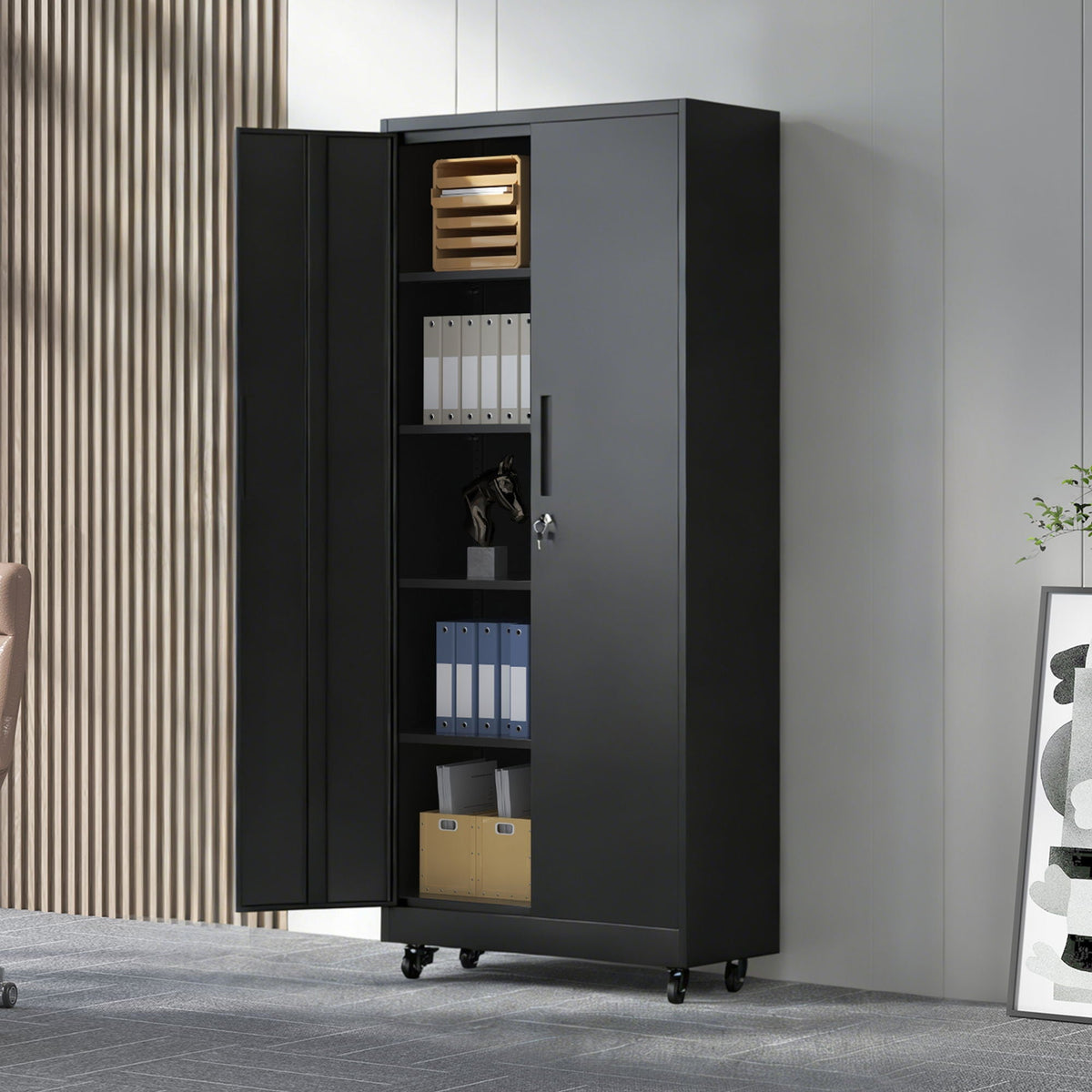 Storage Cabinet With Wheels And Lock, 4 Adjustable Shelves