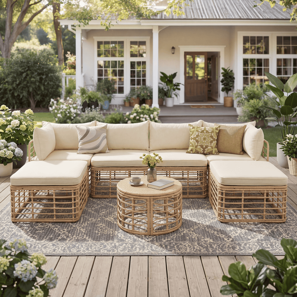 7 Pieces Outdoor Patio Furniture, All-Weather Rattan Sectional Sofa Set