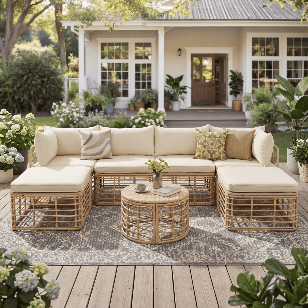 7 Pieces Outdoor Patio Furniture, All-Weather Rattan Sectional Sofa Set