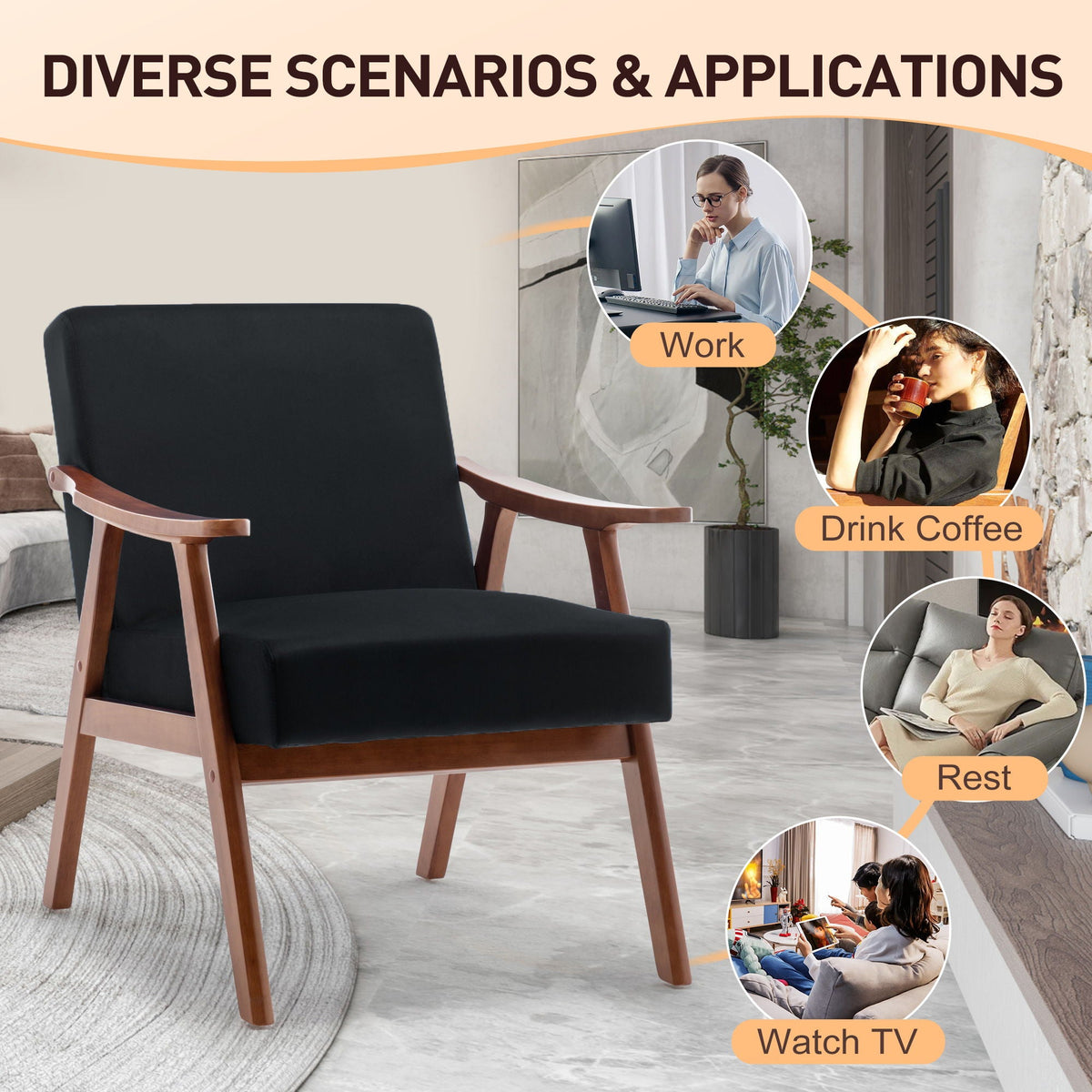 Mid Century Modern Accent Chair With Solid Wood Frame