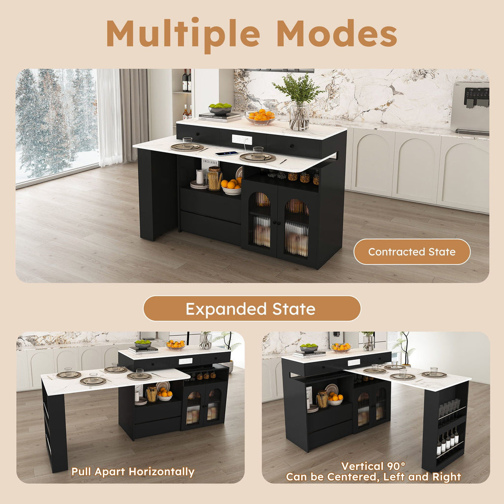 Kitchen Island, Extendable Rotating Table, 4 Drawers & Glass Doors