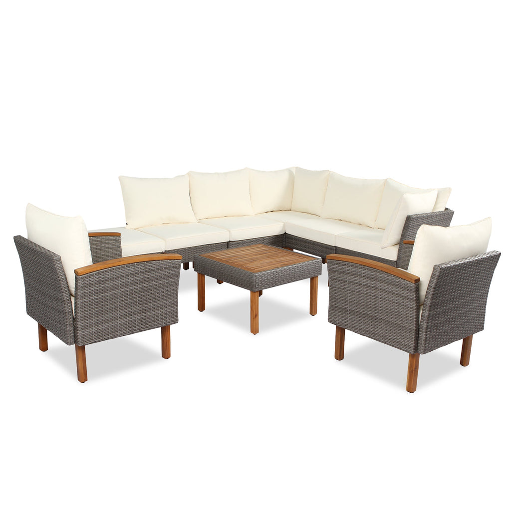 9-piece Patio rattan sofa set, coffee table washable cushions - beige