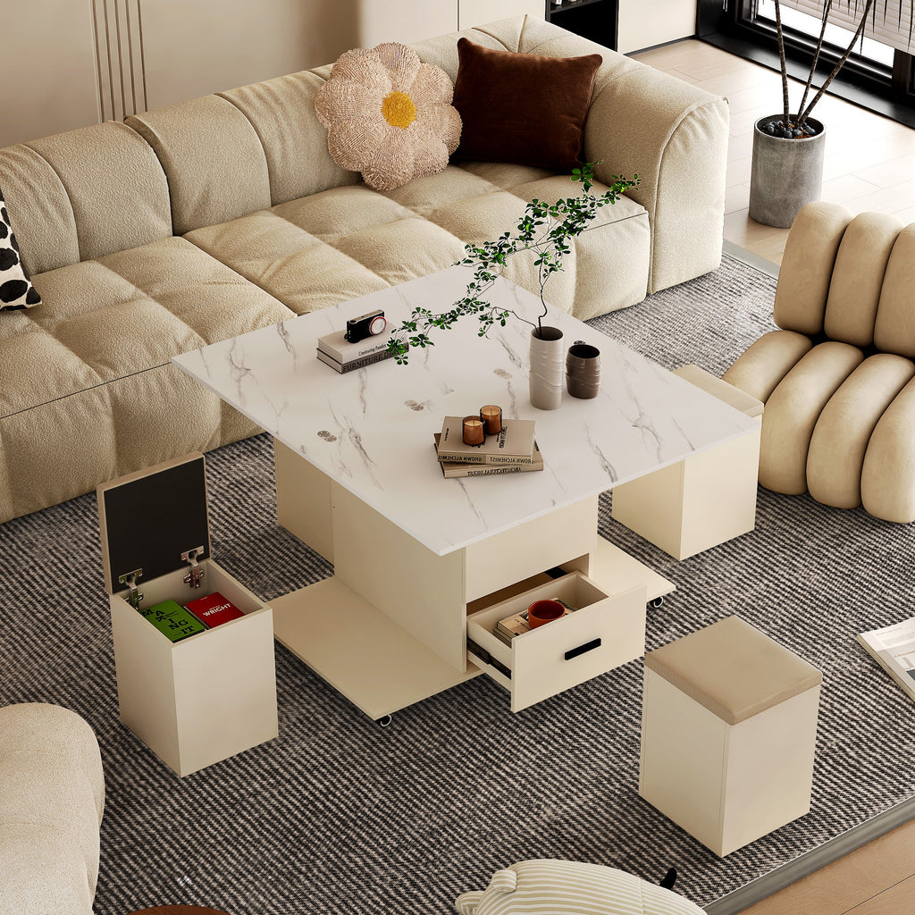 Modern lift coffee table, living room with 4 chairs, expandable, 1 hidden storage space