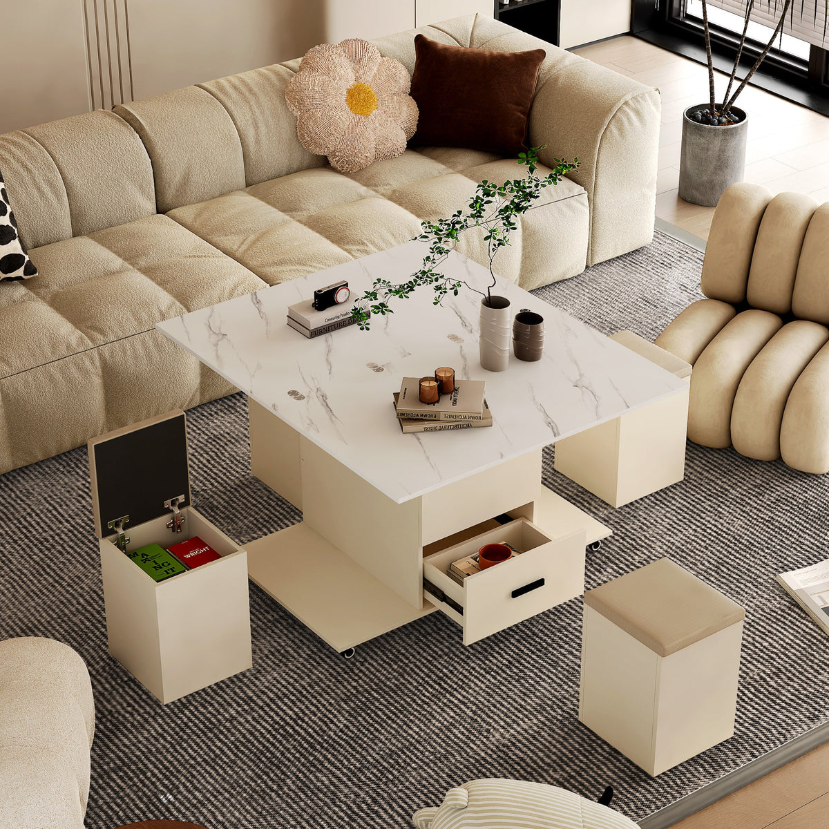 Modern lift coffee table, living room with 4 chairs, expandable, 1 hidden storage space