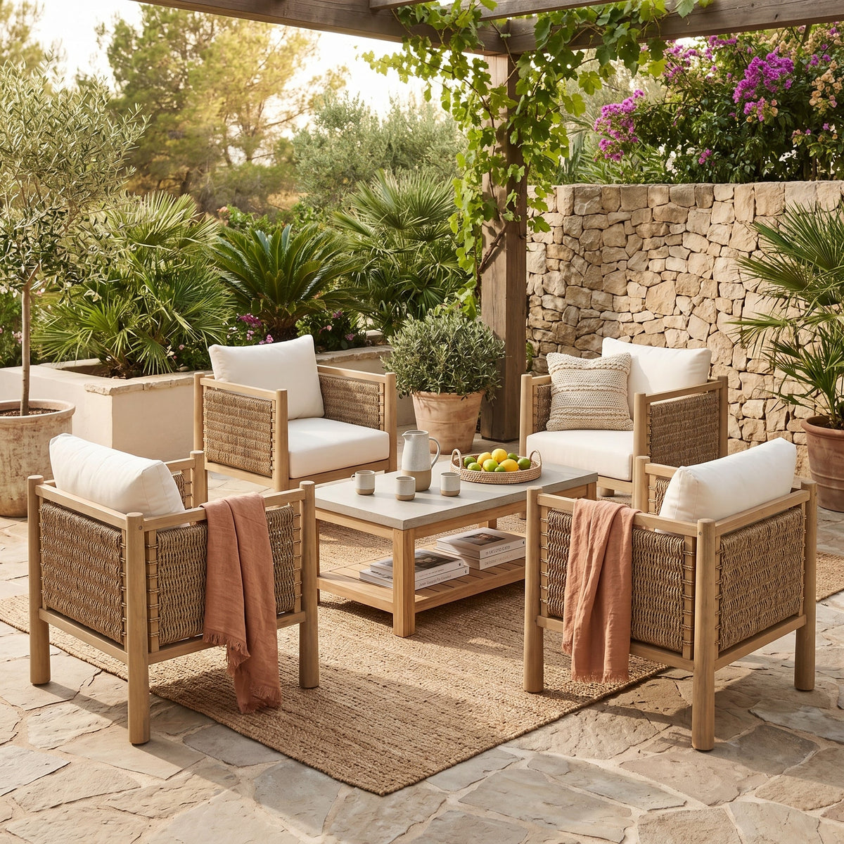 Set of 4 Outdoor Acacia Wood Patio Chairs with Handwoven Rattan - Light Brown