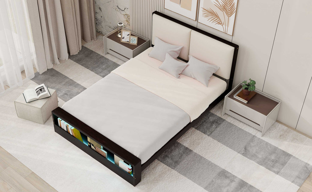 Queen Size Platform Bed Frame with Upholstery Headboard and Bookshelf